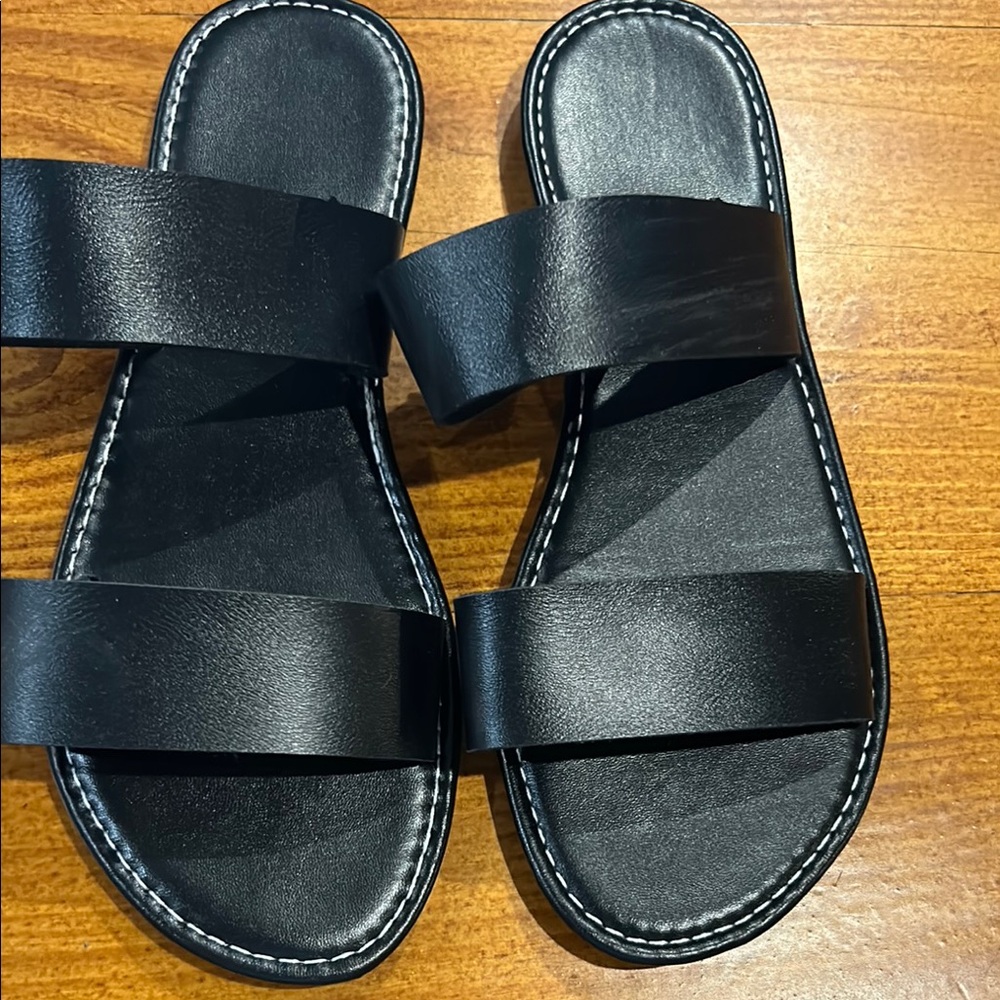Black Leather Slide Sandals